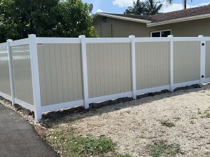 White Frame with Tan Pickets PVC Privacy Fence in Margate