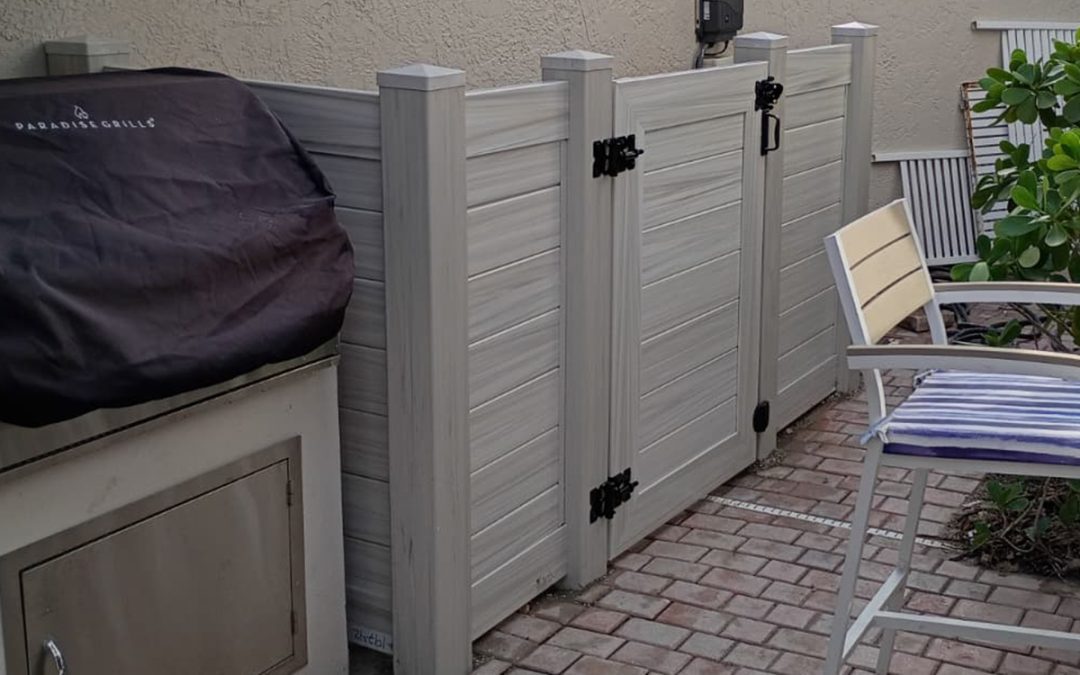 Covering Pool Equipment with Weathered Aspen PVC Privacy Fence